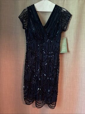 Navy Sequin-Embellished V-Neck Midi Dress